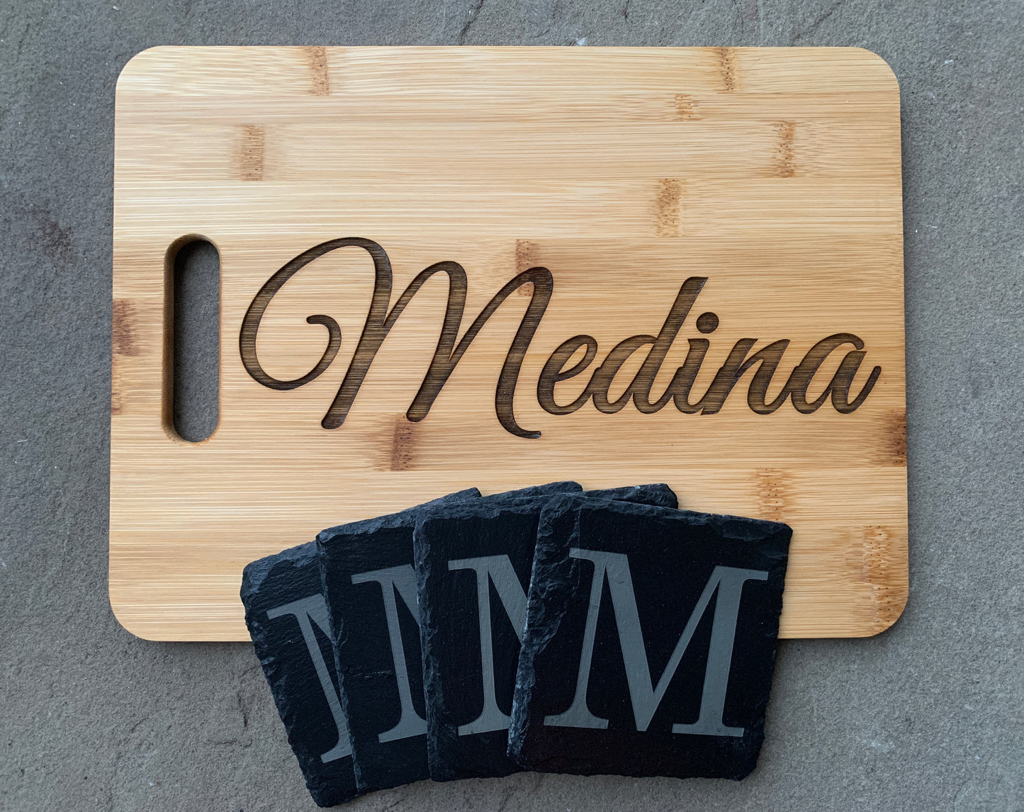Personalized Bamboo Cutting Board and Slate Coaster Set